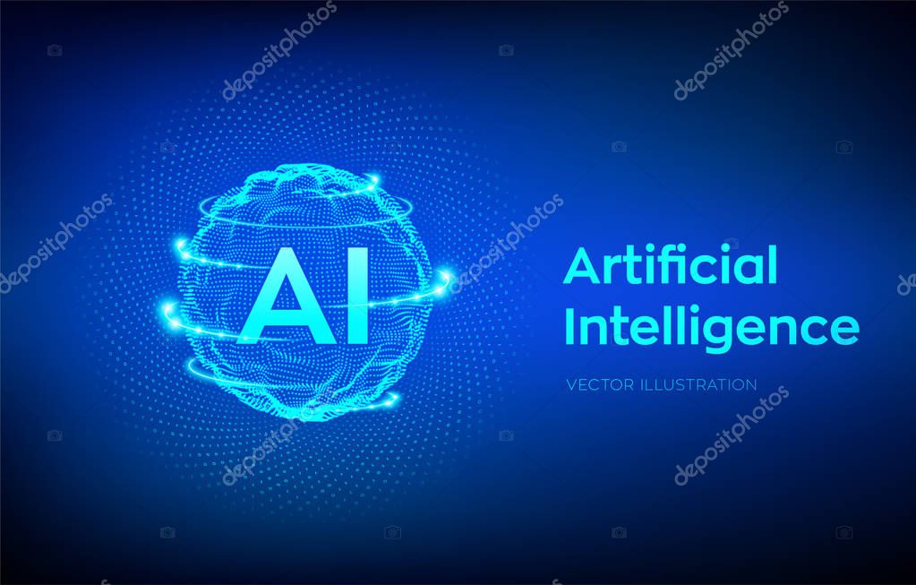 AI. Artificial Intelligence Logo. Artificial Intelligence and Machine Learning Concept. Sphere grid wave with binary code. Big data innovation technology. Neural networks. Vector illustration