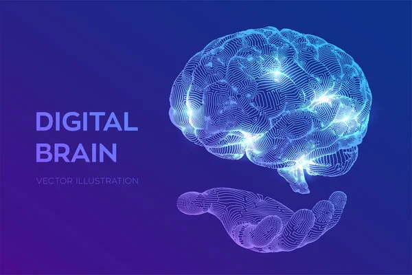 Gehirn. Digitales Gehirn in der Hand. 3D-Konzept für Wissenschaft und Technologie. neuronales Netzwerk. iq Tests, künstliche Intelligenz virtuelle Emulation Wissenschaft Technologie. Denkanstöße. Vektorillustration. — Stockvektor