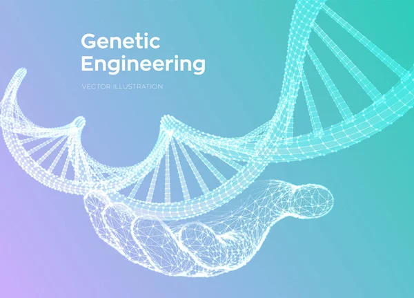 DNA sequentie in de hand. Wireframe DNA moleculen structuur mesh. Bewerkbare template over DNA-code. Wetenschaps-en technologie concept. Vector illustratie. — Stockvector