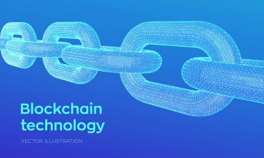 Blok zinciri. Şifreli para birimi. Hiper bağlantı zinciri. Blockchain konsepti. Dijital kodlu üç boyutlu kablo zinciri. İkili kodla zincir bağlantısı. Düzenlenebilir şifreleme şablonu. Stok vektör illüstrasyonu.