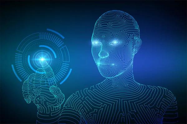 Cyborg femmina wireframed che tocca l'interfaccia digitale del grafico. AI. Il concetto di intelligenza artificiale. Mano robotica che tocca l'interfaccia digitale. Tocca il futuro design del wireframe. Illustrazione vettoriale . — Vettoriale Stock
