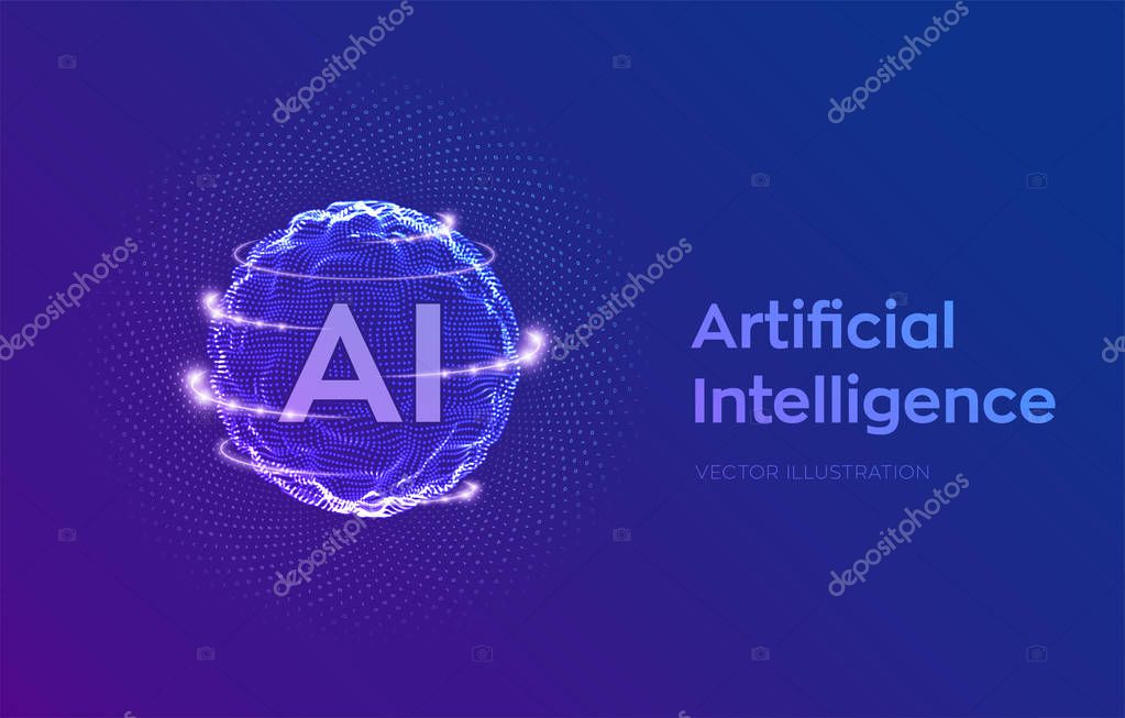 AI. Artificial Intelligence Logo. Artificial Intelligence and Machine Learning Concept. Sphere grid wave with binary code. Big data innovation technology. Neural networks. Vector illustration