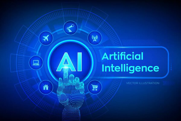 AI. Artificial intelligence. Machine learning, Big data analysis and automation technology in business and industrial manufacturing concept. Hand touching digital interface. Vector illustration.