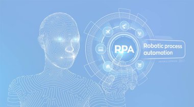 Rpa Robotic proses otomasyonu inovasyon teknolojisi konsepti sanal ekranda. Tel çerçeveli cyborg el dijital grafik arayüzü dokunmadan. Aı. Yapay zeka. Vektör çizimi.