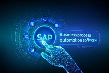 Sap Business süreç otomasyon yazılımı. Sanal ekranda Erp kurumsal kaynak planlama sistemi kavramı. Tel çerçeveli robotik el dijital grafik arayüzü dokunmadan. Aı. Vektör çizimi.
