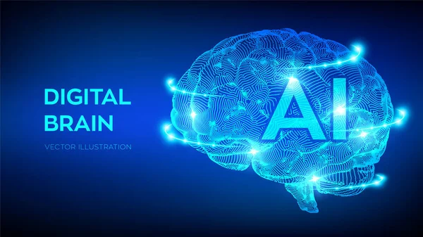 Mózgu. Cyfrowy mózg. koncepcja nauki i technologii 3D. Sieć neuronowa. IQ testing, sztuczna inteligencja wirtualna technologia emulacji nauki. Brainstorm myśleć pomysł. Ilustracja wektorowa. — Wektor stockowy