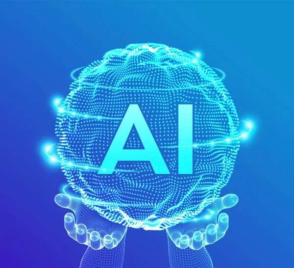 AI sztuczna inteligencja logo w rękach. Sztuczna inteligencja i koncepcja uczenia maszynowego. Fala siatki kuli z kodem binarnym. Technologia innowacji Big Data. Sieci neuronowe. Ilustracja wektorowa. — Wektor stockowy