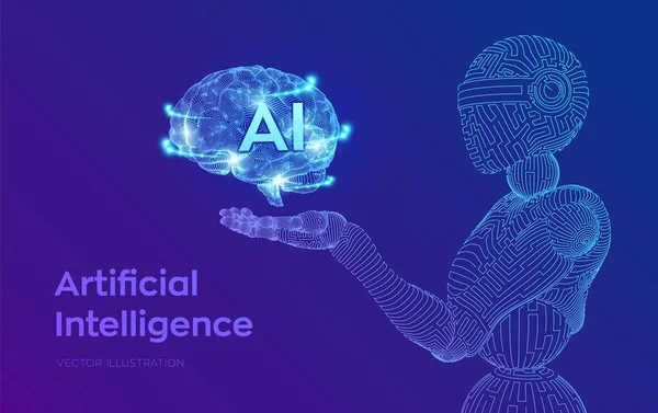 Ai. Kunstmatige intelligentie. AI in de vorm van Cyborg of bot. Wireframe robot. Digitale hersenen. Hersenen in robotachtige hand. Machine learning. Grafisch ontwerpconcept van de toekomst. Vector illustratie. — Stockvector