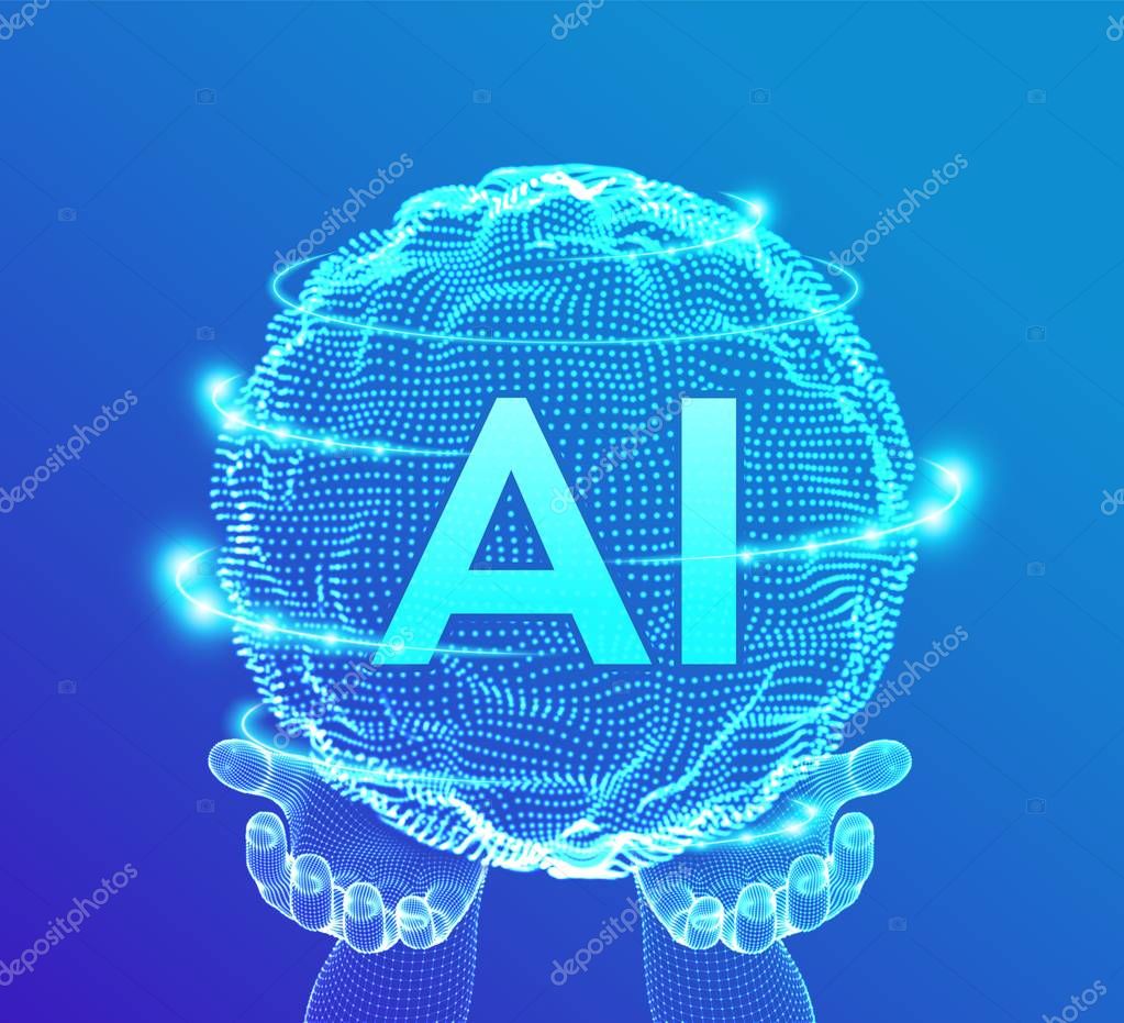 AI. Artificial Intelligence Logo in hands. Artificial Intelligence and Machine Learning Concept. Sphere grid wave with binary code. Big data innovation technology. Neural networks. Vector illustration