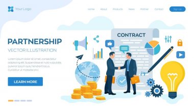 Ortaklık kavramı. Yaratıcı projelerin finansmanı. İki iş adamının tokalaşması. Partilerin anlaşması. Belgeleri imzalıyorum. Yatırımcı fikirlere para yatırıyor. İş ekibi. Vektör illüstrasyonu.