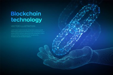 Blok zinciri. Kripto para birimi. Blockchain konsepti. Robotik elinde dijital bloklar ile 3d tel kafes zinciri. Kullanılabilir cryptocurrency şablonu. Stok vektör illüstrasyon.