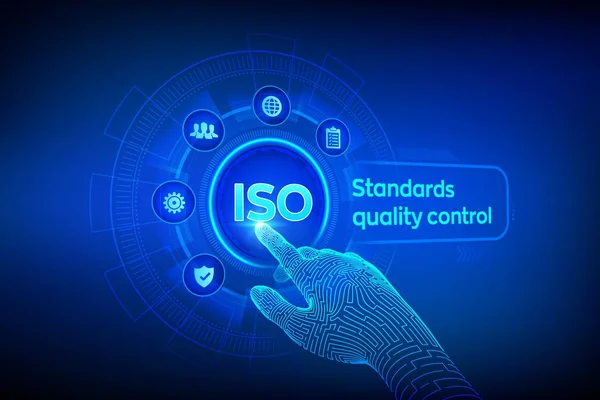 ISO-standarder kvalitetssäkring garanti affärsteknik koncept. ISO-certifieringskoncept för industrin. Robotic hand vidrör digitalt gränssnitt. Vektorillustration. — Stock vektor