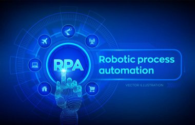 Rpa Robotic proses otomasyonu inovasyon teknolojisi konsepti sanal ekranda. Robotik el dijital arayüze dokunuyor. Aı. Yapay zeka. Makine öğrenimi. Vektör çizimi.