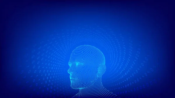 AI. Conceito de inteligência artificial. Cérebro digital. Cara humana abstrata. Cabeça humana na interpretação de computador digital robô. Conceito de robótica. Conceito de cabeça de wireframe. Ilustração vetorial . —  Vetores de Stock