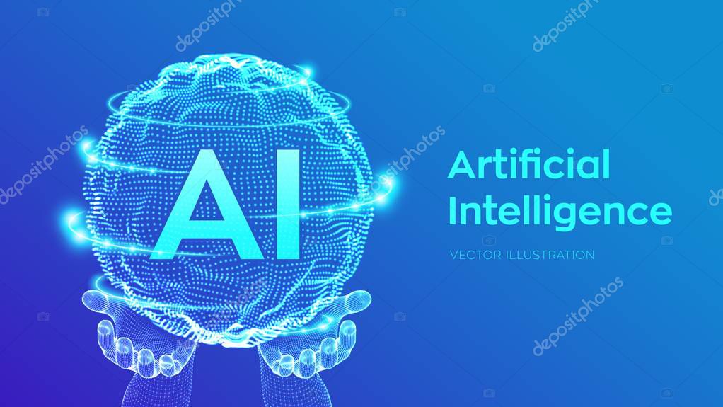 AI. Artificial Intelligence Logo in hands. Artificial Intelligence and Machine Learning Concept. Sphere grid wave with binary code. Big data innovation technology. Neural networks. Vector illustration