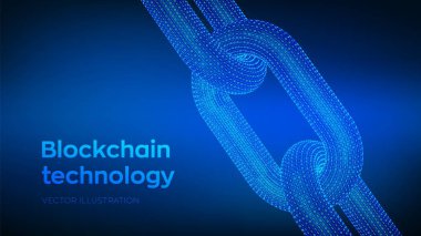 Blok zinciri. Şifreli para birimi. Hiper bağlantı zinciri. Blockchain konsepti. Dijital kodlu üç boyutlu kablo zinciri. İkili kodla zincir bağlantısı. Düzenlenebilir şifreleme şablonu. Stok vektör illüstrasyonu.