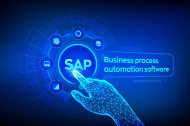 Sap Business süreç otomasyon yazılımı. Sanal ekranda Erp kurumsal kaynak planlama sistemi kavramı. Tel çerçeveli robotik el dijital grafik arayüzü dokunmadan. Aı. Vektör çizimi.
