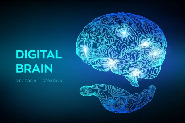 Mozku. Digitální mozek v ruce. koncepce 3D vědy a techniky. Neuronová síť. IQ testování, technologie pro vědeckou emulaci umělé inteligence. Mysli na myšlenku. Vektorová ilustrace. — Stockový vektor