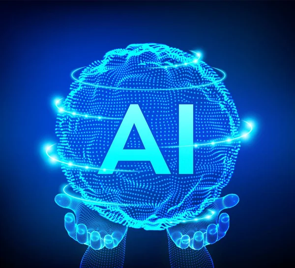 AI artificiell intelligens logo typ i händerna. Artificiell intelligens och maskin inlärnings koncept. Sfär rutnät våg med binär kod. Stor data innovations teknik. Neurala nätverk. Vektor illustration. — Stock vektor