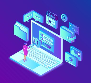 Veri koruma. Ekranda yetki formu, kişisel verilerin korunması ile dizüstü bilgisayar. Kimlik doğrulama sistemi, veri erişimi, dizüstü bilgisayar ekranında giriş formu. 3d biyometrik tasarım. Vektör çizimi.