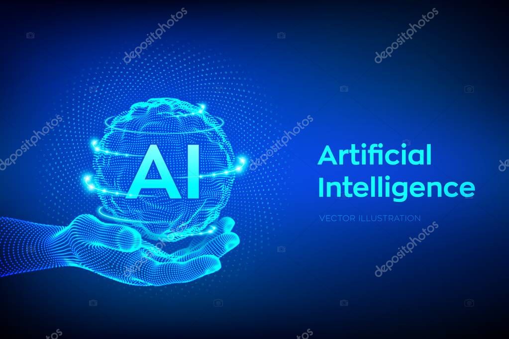AI. Artificial Intelligence Logo in hand. Artificial Intelligence and Machine Learning Concept. Sphere grid wave with binary code. Big data innovation technology. Neural networks. Vector illustration