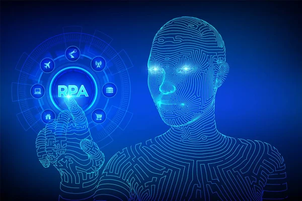 RPA zautomatyzowanych technologii automatyzacji procesu innowacji koncepcji na wirtualnym ekranie. Szkieleowy Cyborg ręka dotykając cyfrowego interfejsu graficznego. Ai. Sztuczna inteligencja. Ilustracja wektorowa. — Wektor stockowy