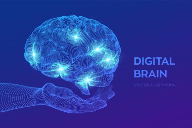 Beyin. Elinde dijital beyin. 3d Bilim ve Teknoloji kavramı. Sinir ağı. Iq testi, yapay zeka sanal öykünme bilim teknolojisi. Beyin fırtınası fikir düşün. Vektör çizimi.