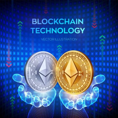 Ethereum, ne kadar. Blockchain. 3d Fiziksel bit sikke. Blok zinciri kavramı. Dijital para birimi. Elinde Ethereum sembolü olan altın ve gümüş sikkeler. Kullanılabilir Cryptocurrency şablonu. Vektör çizimi.