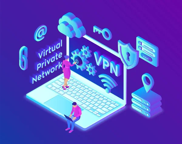 VPN. virtuální privátní síť. Šifrování dat, náhrada IP. Koncepce zabezpečeného připojení VPN. Počítačové zabezpečení a ochrana osobních údajů, izometrická ochrana osobních údajů Ochrana osobních údajů. Vektorová ilustrace. — Stockový vektor