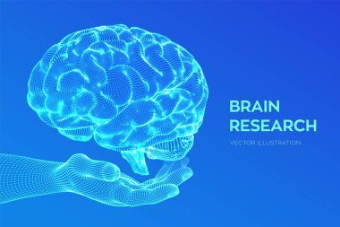 Beyin. İnsan beyni araştırması. 3D bilim ve teknoloji konsepti. Sinir şebekesi. IQ testi, yapay zeka sanal öykünme bilimi teknolojisi. Beyin fırtınası düşünmek fikir. Vektör Illustration.