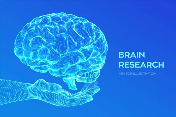 Mózgu. Ludzkie badania mózgu. koncepcja nauki i technologii 3D. Sieć neuronowa. IQ testing, sztuczna inteligencja wirtualna technologia emulacji nauki. Brainstorm myśleć pomysł. Ilustracja wektorowa. — Wektor stockowy