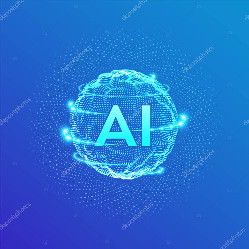 AI. Artificial Intelligence Logo. Artificial Intelligence and Machine Learning Concept. Sphere grid wave with binary code. Big data innovation technology. Neural networks. Vector illustration