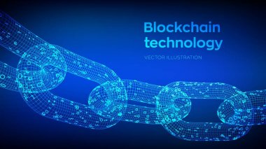 Blok zinciri. Şifreli para birimi. Blockchain konsepti. Dijital kodlu üç boyutlu kablo zinciri. Düzenlenebilir şifreleme şablonu. Stok vektör illüstrasyonu.