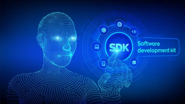 SDK. Набор для разработки концепции языка программирования на виртуальном экране. Концепция технологии. Проволочная киборг рука касается цифрового интерфейса. ИИ. Векторная иллюстрация . — стоковый вектор