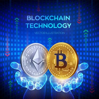 Bitcoin. Ethereum, ne kadar. Blockchain. 3d Fiziksel bit sikke. Blok zinciri kavramı. Elinde bitcoin ve ethereum sembolü bulunan altın ve gümüş sikkeler. Kullanılabilir Cryptocurrency şablonu. Vektör çizimi.