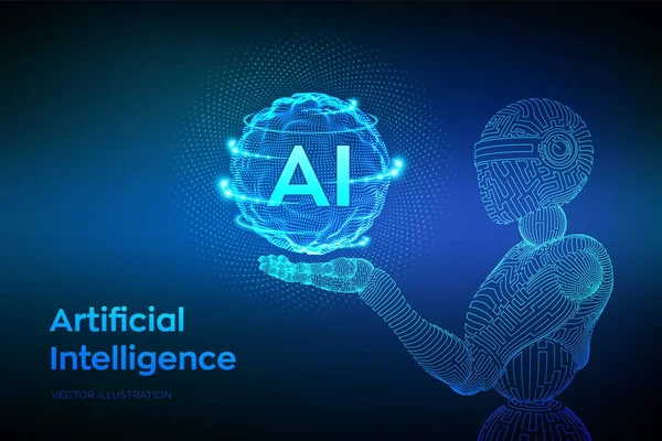 AI. Intelligenza artificiale. Robot wireframe. AI in mano robotica. Machine learning e cyber concetto di dominazione della mente. Tecnologia sci-fi concept. Concetto di grafica del futuro. Illustrazione vettoriale . — Vettoriale Stock