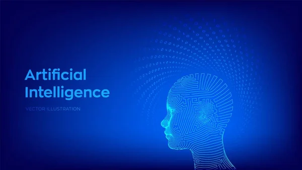 ШІ. Штучний інтелект. Ай цифровий мозок. Абстрактне цифрове людське обличчя. Людська голова в комп'ютерній інтерпретації робота. Концепція робототехніки. Концепція Wireframe head. Приклад вектора. — стоковий вектор
