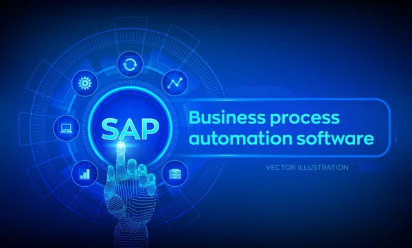 Software de automatización de procesos de SAP Business. Concepto de sistema de planificación de recursos empresariales ERP en pantalla virtual. Mano robótica tocando interfaz digital. AI. Inteligencia artificial. Ilustración vectorial . — Vector de stock