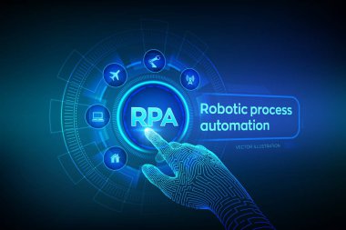Rpa Robotic proses otomasyonu inovasyon teknolojisi konsepti sanal ekranda. Tel çerçeveli robotik el dijital grafik arayüzü dokunmadan. Aı. Yapay zeka. Vektör çizimi.