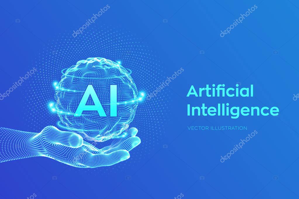 AI. Artificial Intelligence Logo in hand. Artificial Intelligence and Machine Learning Concept. Sphere grid wave with binary code. Big data innovation technology. Neural networks. Vector illustration