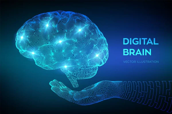 脳。手にデジタル脳。3D科学技術の概念。ニューラルネットワークIqテスト、人工知能仮想エミュレーション科学技術。ブレインストームはアイデアを考える。ベクトルイラスト. — ストックベクタ