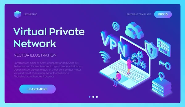 VPN. Virtual private network. Data encryption, IP substitute. Secure VPN connection concept. Cyber security and privacy, Isometric personal data protection. Privacy Protection. Vector Illustration. — Stock Vector