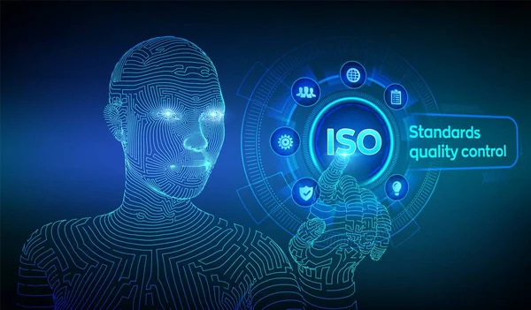 ISO-standarder kvalitets säkring garanti affärs teknik koncept. ISO standardisering certifierings tjänst koncept. Wireinramat Cyborg hand beröring Digital gräns flat. Vektor illustration. — Stock vektor