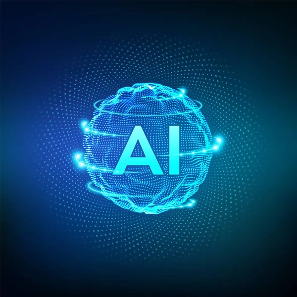 AI. Logo dell'intelligenza artificiale. Intelligenza artificiale e concetto di apprendimento automatico. Onda a griglia sferica con codice binario. Tecnologia dell'innovazione dei big data. Reti neurali. Illustrazione vettoriale . — Vettoriale Stock