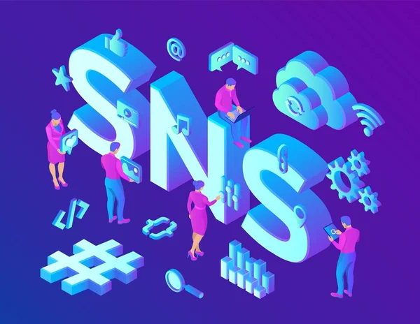 SNS. szociális hálózati szolgáltatás-egy online platform, amely az emberek használni építeni a társadalmi hálózatok vagy a társadalmi kapcsolat másokkal. 3D izometrikus vektor illusztráció ikonokkal és karakterekkel. — Stock Vector
