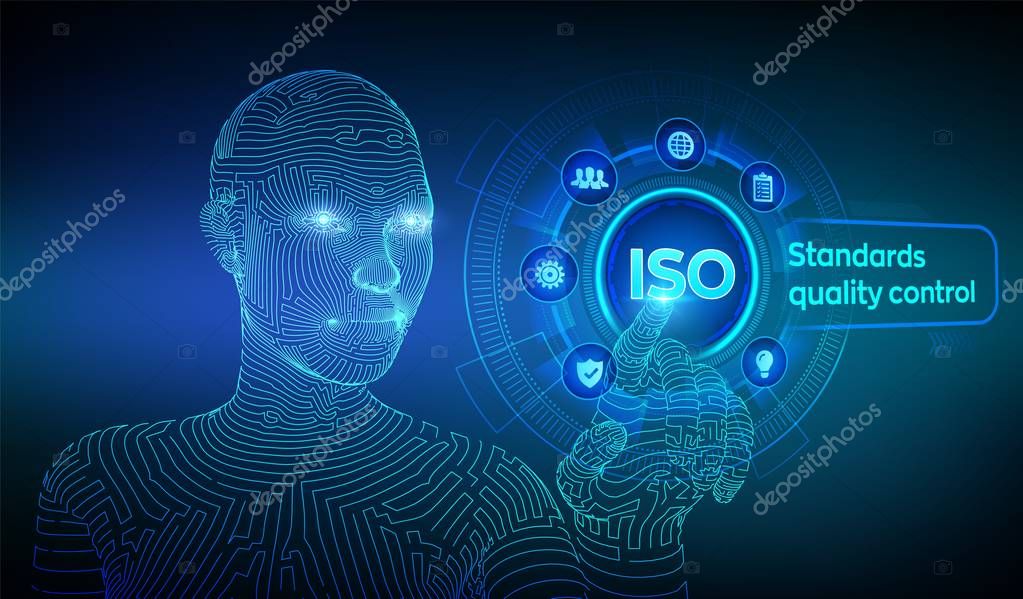 ISO standards quality control assurance warranty business technology concept. ISO standardization certification service concept. Wireframed cyborg hand touching digital interface. Vector illustration