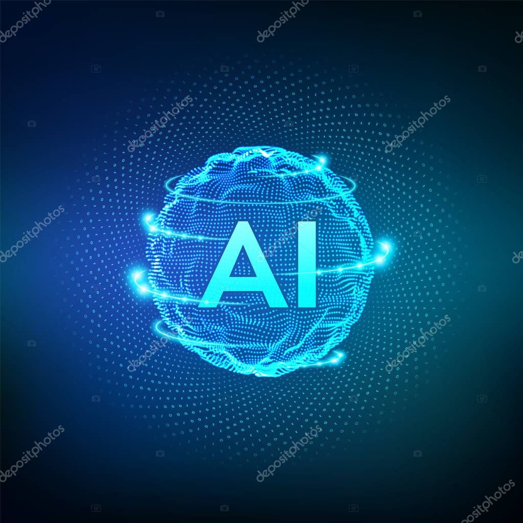 AI. Artificial Intelligence Logo. Artificial Intelligence and Machine Learning Concept. Sphere grid wave with binary code. Big data innovation technology. Neural networks. Vector illustration