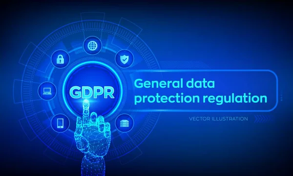 GDPR. 一般データ保護規則。仮想画面上のサイバーセキュリティとプライバシーの概念。個人情報の保護デジタルインターフェイスに触れるロボットハンド。ベクトルイラスト. — ストックベクタ