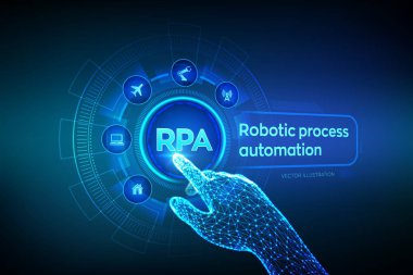 Rpa Robotic proses otomasyonu inovasyon teknolojisi konsepti sanal ekranda. Tel çerçeveli robotik el dijital grafik arayüzü dokunmadan. Aı. Yapay zeka. Vektör çizimi.