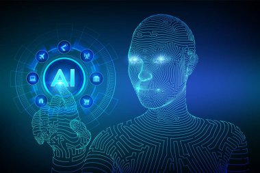 Aı. Yapay zeka. Makine öğrenimi. Tel çerçeveli kadın cyborg el dijital grafik arayüzü dokunmadan. Büyük veri analizi ve otomasyon teknolojisi. Geleceğe dokun. Vektör çizimi.